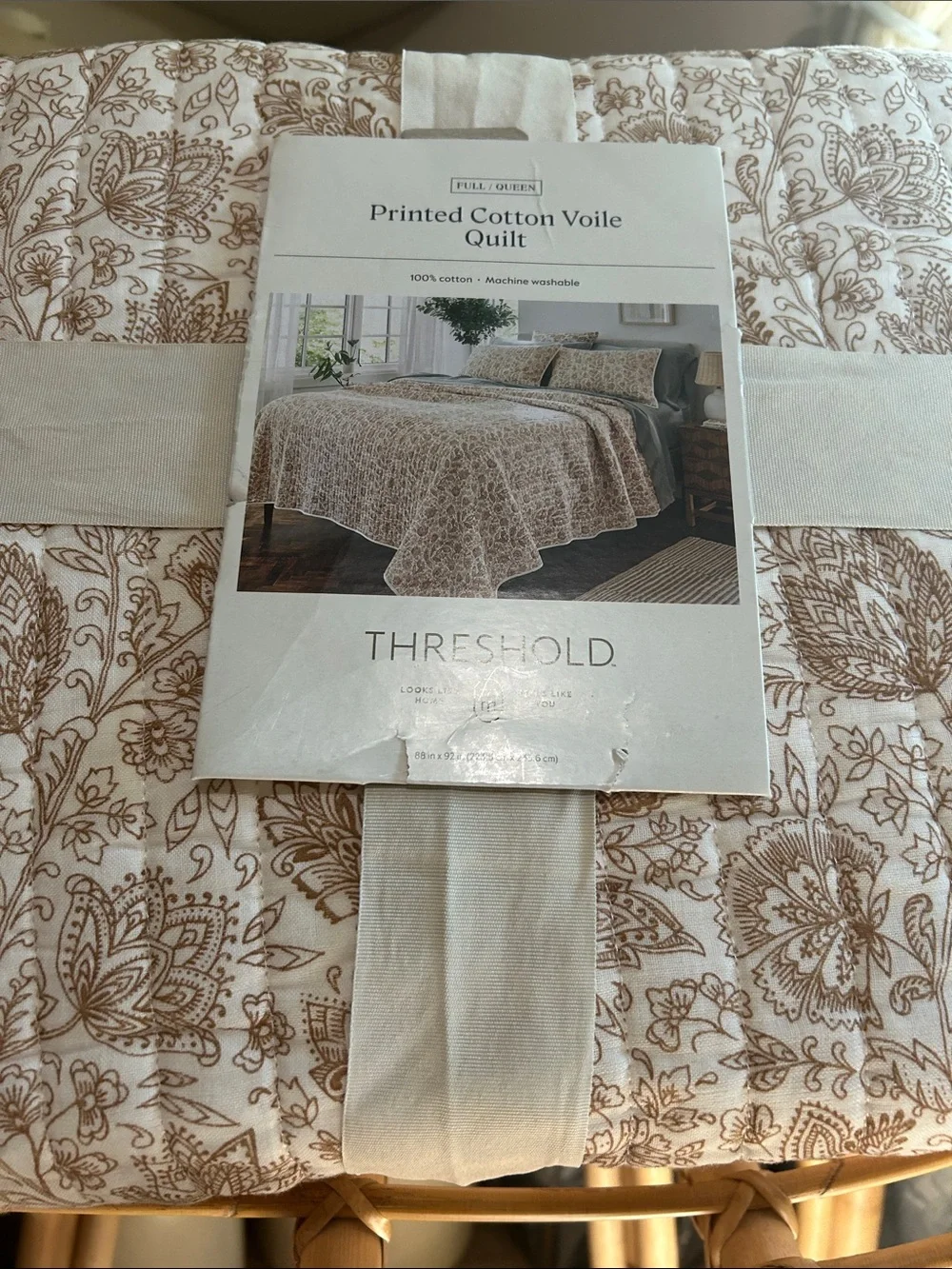 Threshold F/Q Floral Printed Cotton Tonal Floral Voile Quilt in Cream and Tan